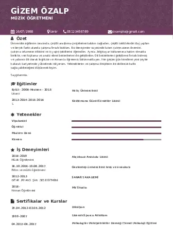 Müzik Öğretmeni Cv Örnekleri cv indir